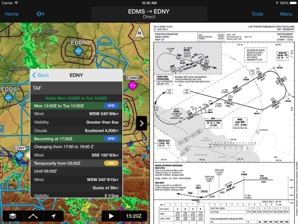 Garmin Pilot App mit Wetterdaten und Anflugkarten