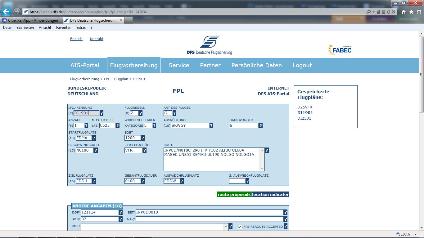 Flugplanungsmaske des AIS-Portals