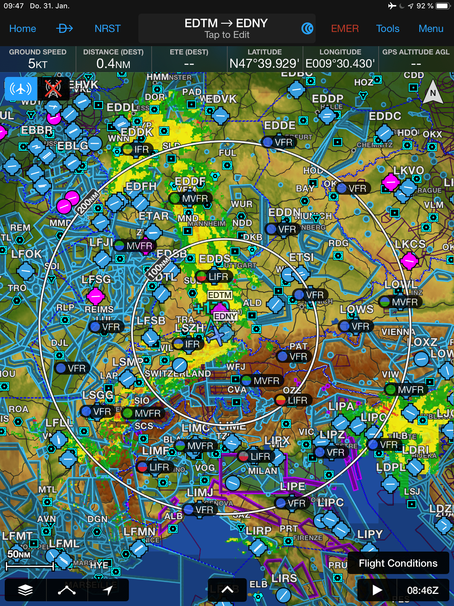 Gut 200 NM reicht der Radius der ausgestrahlten Wetterdaten