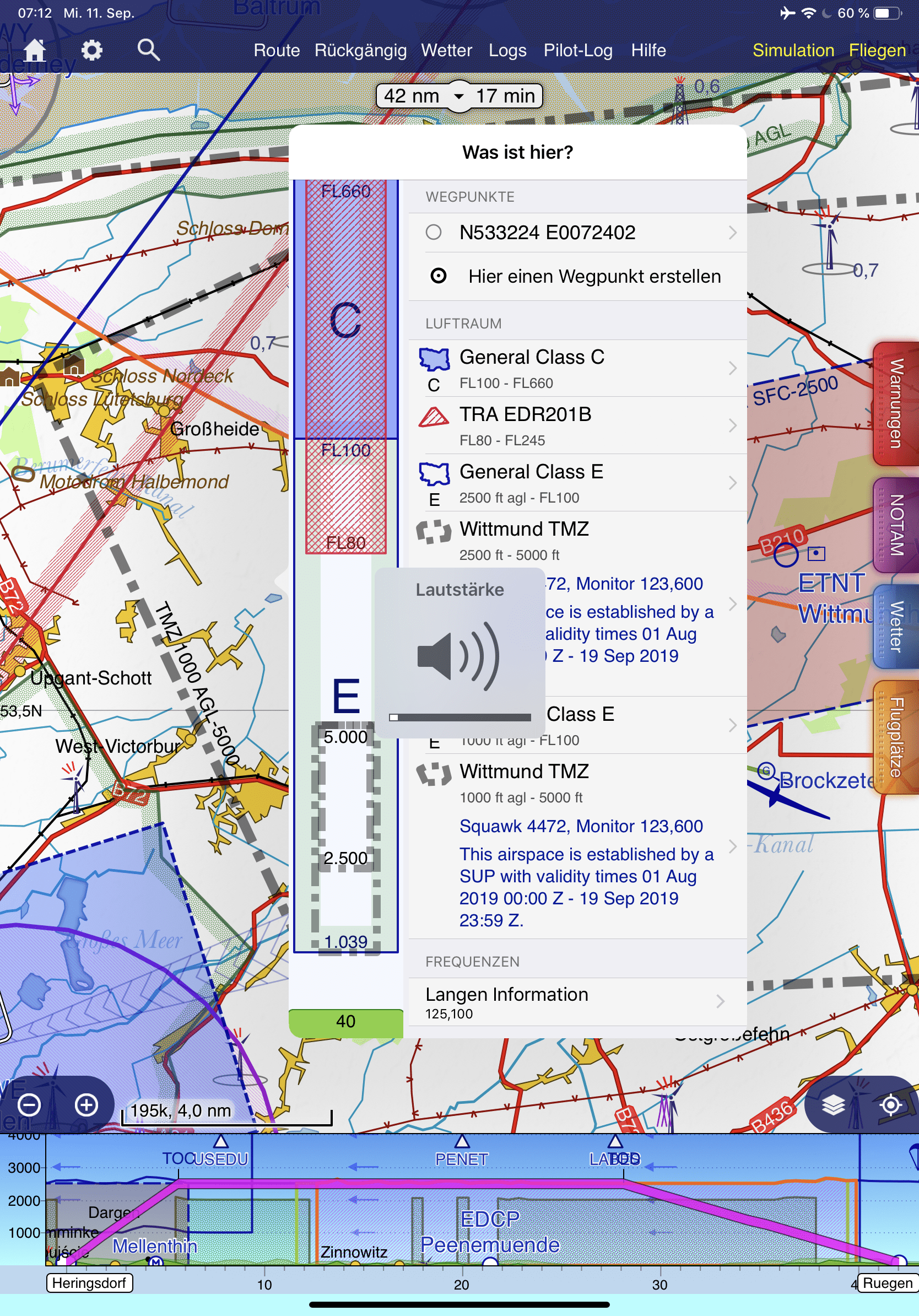 SkyDemon weist im Text zum Luftraum auf das AIP SUP hin