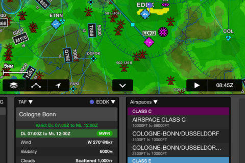 Wetteranzeige in der Navigations-App Garmin Pilot