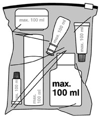 Zur Zeit sind nur Behältnisse mit bis zu 100ml Inhalt Flüssigkeit erlaubt.