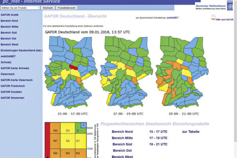 Farbenspiel: Die Abbildung zeigt die GAFOR-Einstufungen der 84 Gebiete. Die Angabe der Sichtflugmöglichkeiten erfolgt in fünf Kategorien, die jeweils eine eigene Farbe haben: CHARLIE (Blau= clear – frei) OSKAR (GRÜN= open – offen) DELTA (GELB= difficult –schwierig) MIKE (ORANGE= marginal – kritisch) X-RAY (ROT= closed – geschlossen).