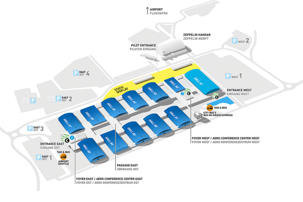 Ein Übersichtsplan der Messe zeigt die Aufteilung der Hallen und der Stände sowie die Infrastruktur.