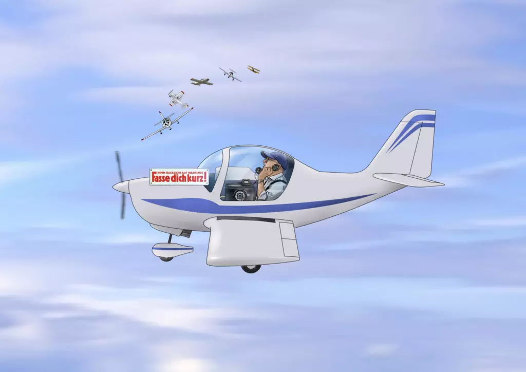 Ein Pilot sitzt in einem Flugzeug und spricht in eine Fernhörer, symbolisch dafür, dass sich Piloten beim Funken kurz zu halten haben.
